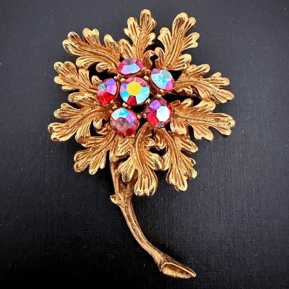 Vintage Florenza Gold Tone Aurora Borealis Rhinestone Leaf Flower Brooch Pin